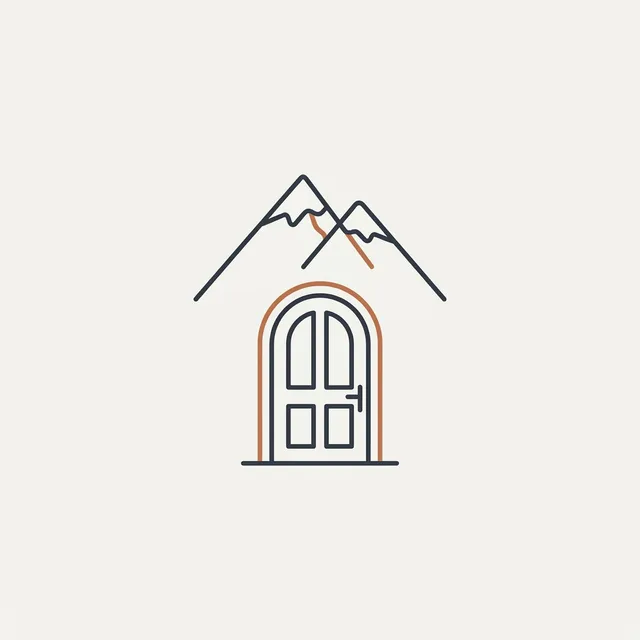 Arched front door beneath twin mountain peaks, monoline brand mark