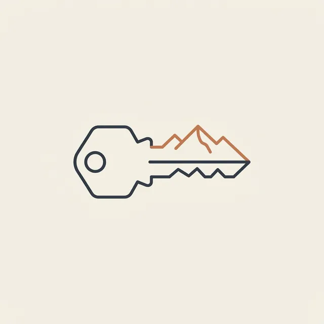 House key whose teeth form a mountain ridgeline, monoline brand mark